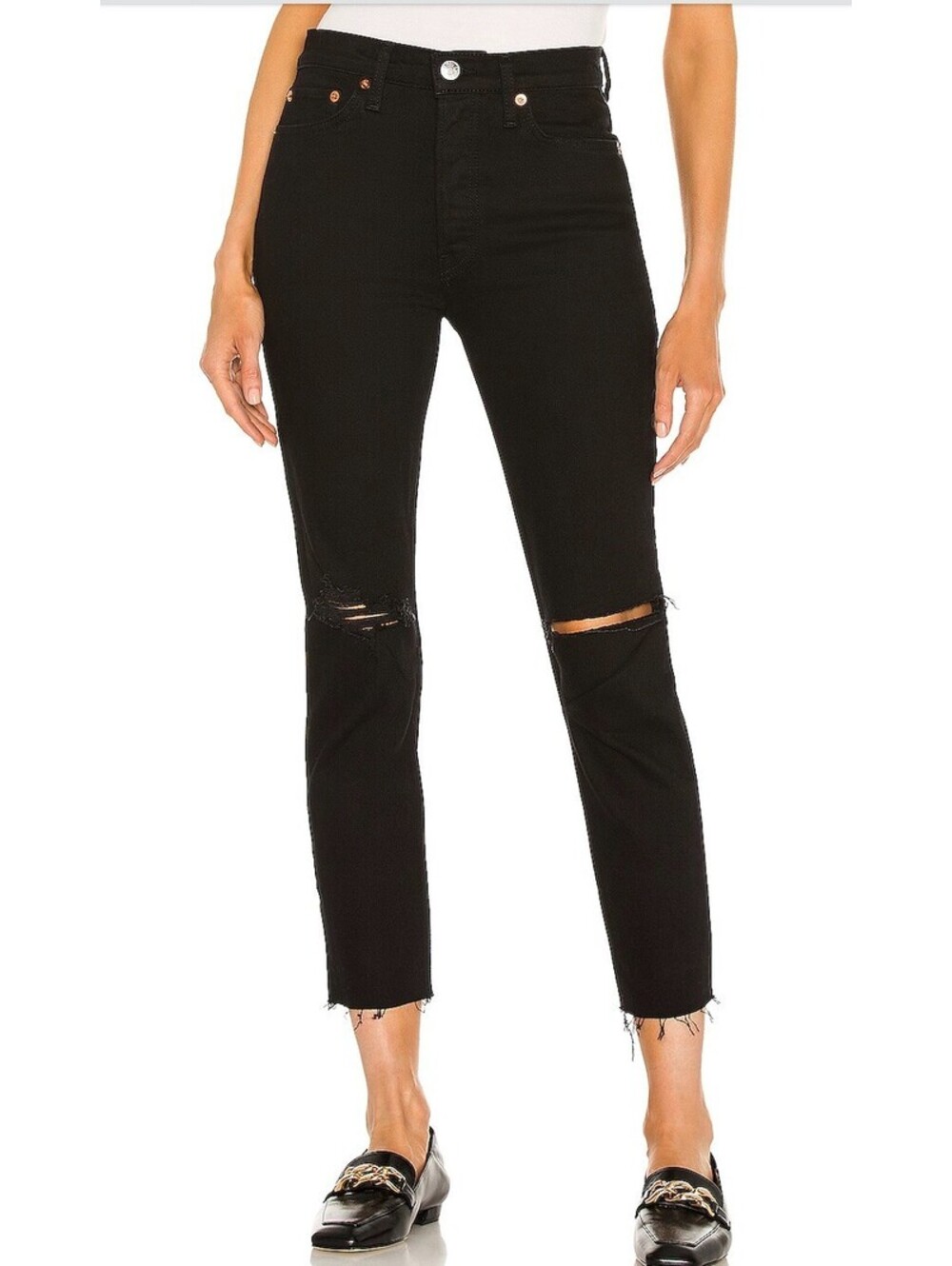 RE/DONE Jeans Womens 25 Black 90s High Rise Ankle Crop Raw Hem Button Fly